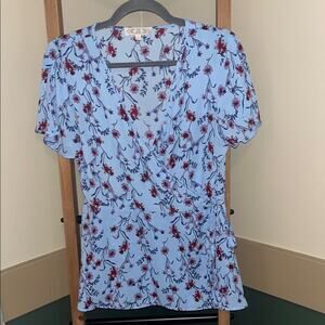 Pink Rose Floral Wrap Blouse - Light Blue and Red Size Large